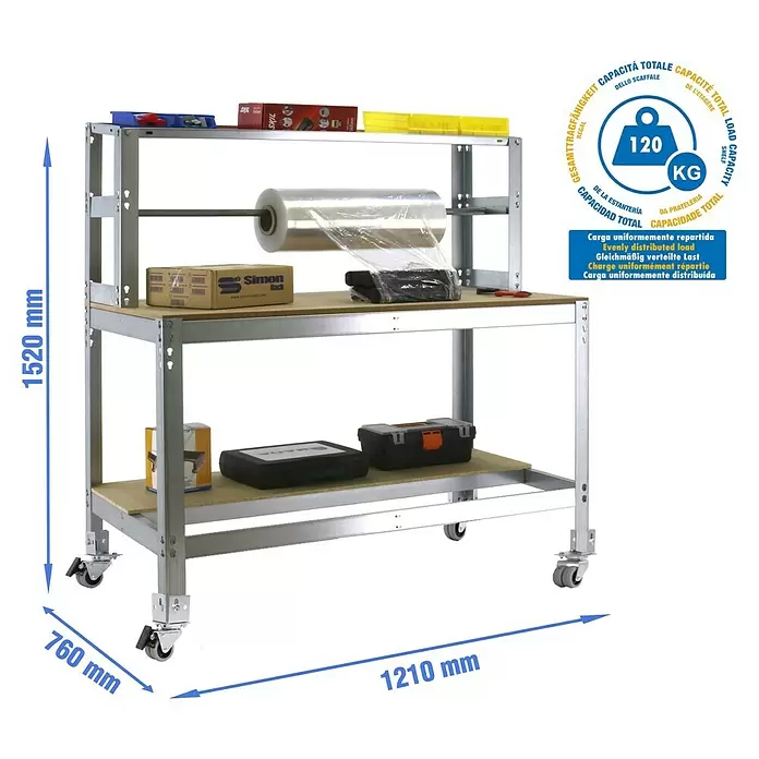 Simonrack Simonwork Werkbank MOBILE BT4 - L x B: 76 x 121 cm, Arbeitshöhe: 152 cm, Belastbarkeit: 120 kg, Silber - Verzinktes Stahlregal auf Rollen mit zwei Fachböden, Maße 1520x1210x760 mm, Gesamttragfähigkeit 120 kg.