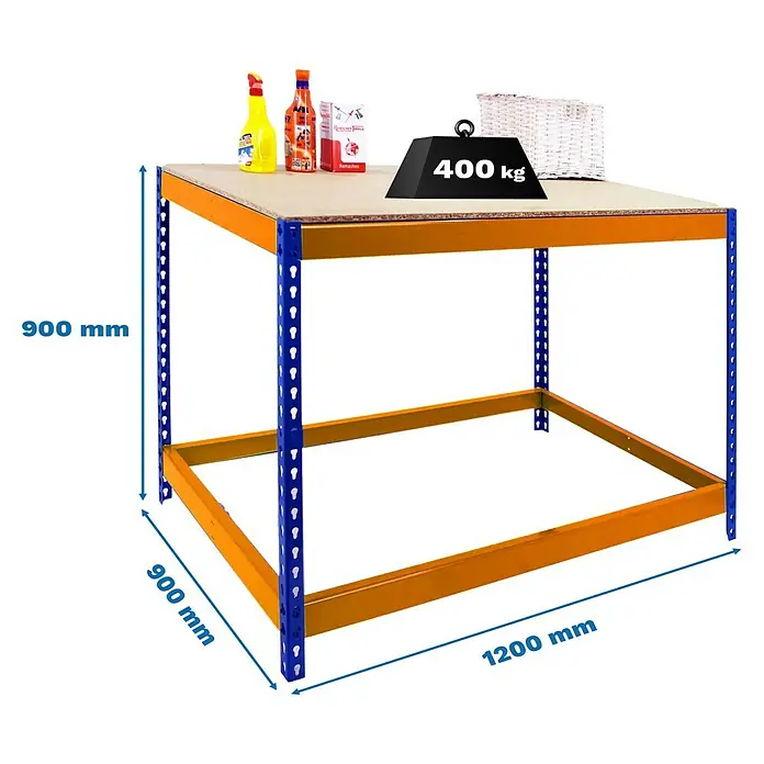 Simonrack Simonwork Werkbank Basic 1 - L x B: 90 x 120 cm, Arbeitshöhe: 90 cm, Belastbarkeit: 400 kg, Orange/Blau - Regaltisch mit den Maßen 900 x 900 x 1200 mm und einer Belastbarkeit von 400 kg. Robust und vielseitig für Lager und Werkstatt.