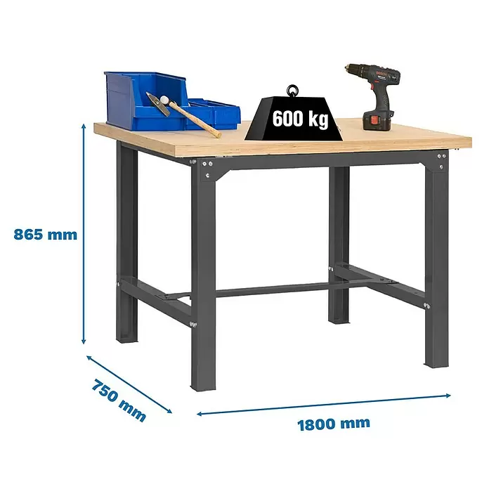 Simonrack Simonwork Werkbank BT6L MDF 1800 - L x B: 75 x 180 cm, Arbeitshöhe: 86,5 cm, Belastbarkeit: 600 kg, Schwarz/Holz - Robuste Werkbank mit Holzarbeitsplatte und dunkelgrauem Metallgestell, 1800x750x865mm, belastbar bis 600 kg.