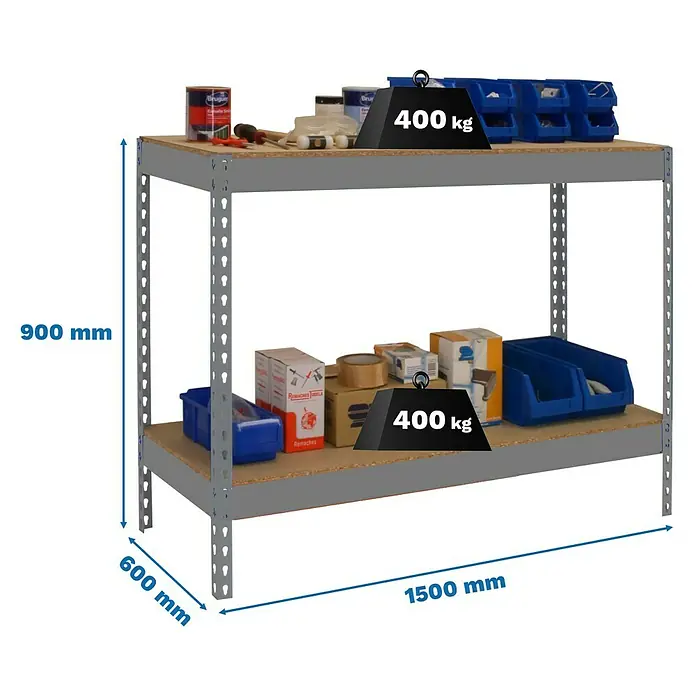 Simonrack Simonwork Werkbank Basic 2 - L x B: 60 x 150 cm, Arbeitshöhe: 90 cm, Belastbarkeit: 400 kg, Grau - Abbildung eines Schwerlastregals mit zwei Ebenen und Größenangaben. Maximale Belastung pro Ebene: 400 kg.