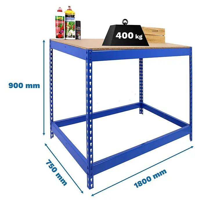 Simonrack Simonwork Werkbank Basic 1 - L x B: 75 x 180 cm, Arbeitshöhe: 90 cm, Belastbarkeit: 400 kg, Blau - Bild einer blauen Werkbank mit den Maßen 900 mm Höhe, 750 mm Breite und 1800 mm Länge. Die Werkbank trägt ein Gewicht von 400 kg.