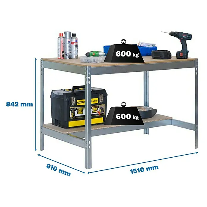 Simonrack Simonwork Banco de trabajo BT0 - L x An: 61 x 151 cm, Altura de trabajo: 84,2 cm, Carga soportada: 850 kg, Galvanizado - Imagen de un banco de trabajo con dimensiones 1510x610x842 mm y una capacidad de carga de 600 kg por estante.