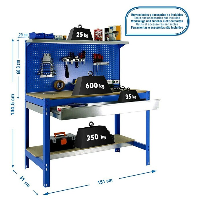 Simonrack Simonwork Werkbank (L x H: 61 x 144,5 cm, Breite: 151 cm, Traglast: 600 kg, Blau)