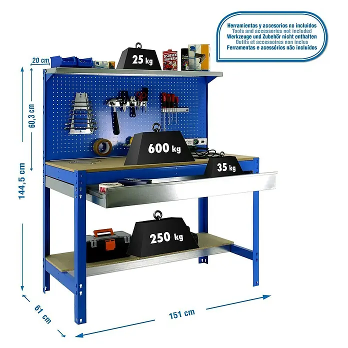 Simonrack Simonwork Werkbank BT3 Box 1500 - L x B: 61 x 151 cm, Arbeitshöhe: 144,5 cm, Belastbarkeit: 600 kg, Blau - Werkbank mit Werkzeugwand, Schublade und Ablagefläche. Die Werkbank ist blau und hat eine hölzerne Arbeitsplatte.