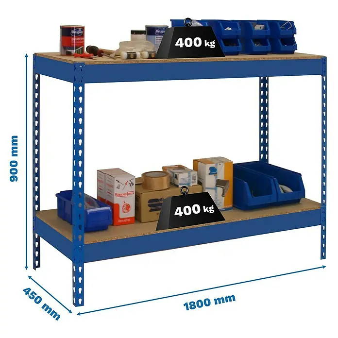 Simonrack Simonwork Werkbank Basic 2 - L x B: 45 x 180 cm, Arbeitshöhe: 90 cm, Belastbarkeit: 400 kg, Blau - Abbildung eines blauen Schwerlastregals mit zwei Ebenen und den Maßen 1800 x 450 x 900 mm, belastbar bis zu 400 kg pro Ebene.