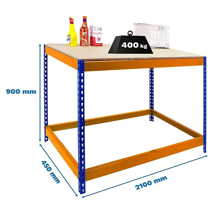 Simonrack Simonwork Werkbank Basic 1 - L x B: 45 x 210 cm, Arbeitshöhe: 90 cm, Belastbarkeit: 400 kg, Orange/Blau - Abbildung eines Schwerlastregals mit den Maßen 900 mm Höhe, 450 mm Tiefe und 2100 mm Länge. Das Regal ist mit 400 kg belastet.
