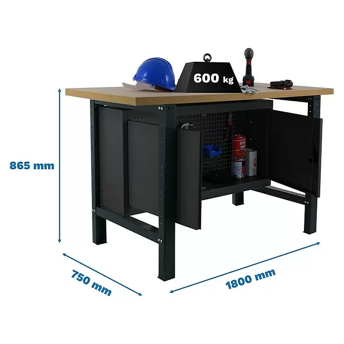 Simonrack Simonwork Werkbank BT6L MDF CABINET 1800 - L x B: 75 x 180 cm, Arbeitshöhe: 86,5 cm, Belastbarkeit: 600 kg, Schwarz - Robuste dunkelgraue Werkbank mit Holzplatte, 1800x750x865mm, 600kg Tragkraft. Mit integrierten Schränken und Lochwand.