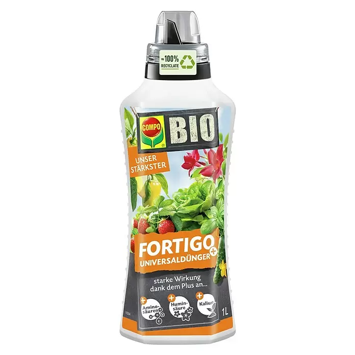 Compo Universaldünger Fortigo - 1 ml - Weiße 1L COMPO BIO FORTIGO Universaldüngerflasche mit buntem Etikett.