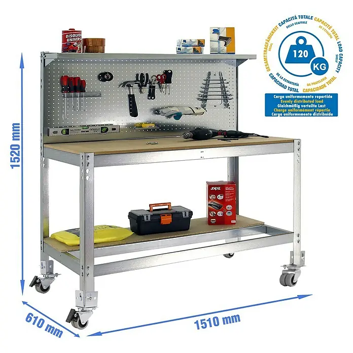 Simonrack Simonwork Banco de trabajo BT3 Mobile - L x An: 61 x 151 cm, Altura de trabajo: 152 cm, Carga soportada: 120 kg, Galvanizado - Banco de trabajo que mide 1520 mm de altura, 610 mm de ancho y 1510 mm de longitud, ideal para talleres.