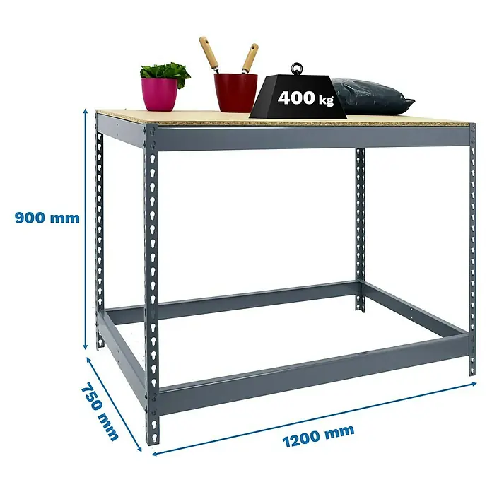 Simonrack Simonwork Werkbank Basic 1 - L x B: 75 x 120 cm, Arbeitshöhe: 90 cm, Belastbarkeit: 400 kg, Grau - Produktbild eines Arbeitstisches mit den Maßen 900 mm Höhe, 750 mm Tiefe und 1200 mm Breite.