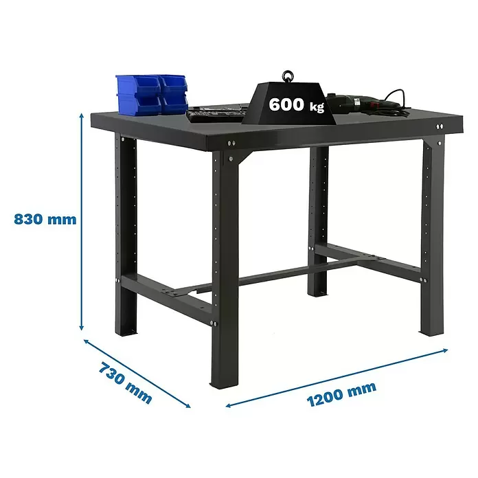 Simonrack Simonwork Werkbank BT6 Metal 1200 - L x B: 73 x 120 cm, Arbeitshöhe: 83 cm, Belastbarkeit: 600 kg, Schwarz - Dunkelgraue Werkbank, 830x1200x730 mm, 600 kg Tragfähigkeit.