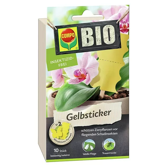 Compo Gelb-Sticker - 10 Stk. - Packung COMPO BIO Gelbsticker zur Schädlingsbekämpfung an Zierpflanzen, insektizidfrei, mit 10 doppelseitig beleimten Fallen in 2 attraktiven Formen.