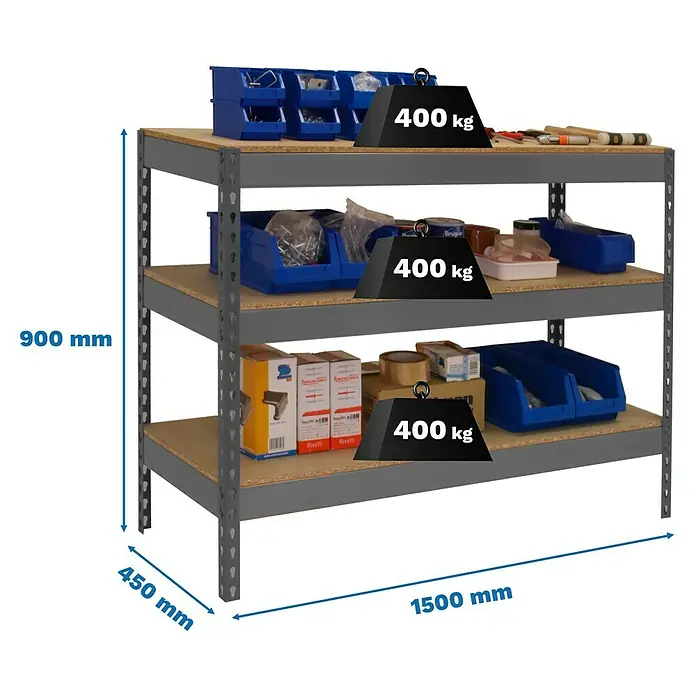 Simonrack Simonwork Werkbank Basic 3 - L x B: 45 x 150 cm, Arbeitshöhe: 90 cm, Belastbarkeit: 400 kg, Grau - Ein Schwerlastregal mit drei Ebenen ist mit Werkzeugboxen und Kartons beladen, wobei jede Ebene eine Last von 400 kg tragen kann.