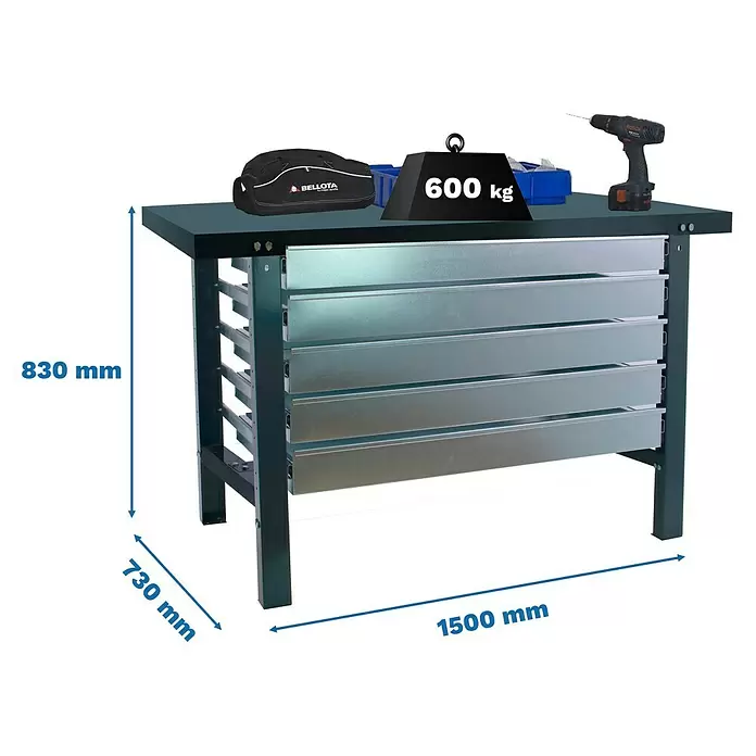 Simonrack Simonwork Werkbank BT6L METAL 5BOX 1500 - L x B: 73 x 150 cm, Arbeitshöhe: 83 cm, Belastbarkeit: 775 kg, Schwarz - Robuste Metall-Werkbank mit 5 verzinkten Stahlschubladen, 1500x730x830mm, trägt 600 kg. Werkzeuge liegen darauf.