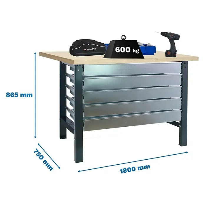 Simonrack Simonwork Werkbank BT6 MDF 5 Box - L x B: 75 x 180 cm, Arbeitshöhe: 86,5 cm, Belastbarkeit: 775 kg, Schwarz - Abbildung einer Werkbank mit Schubladen, die 600 kg tragen kann, mit den Maßen 865 mm Höhe, 750 mm Tiefe und 1800 mm Breite.