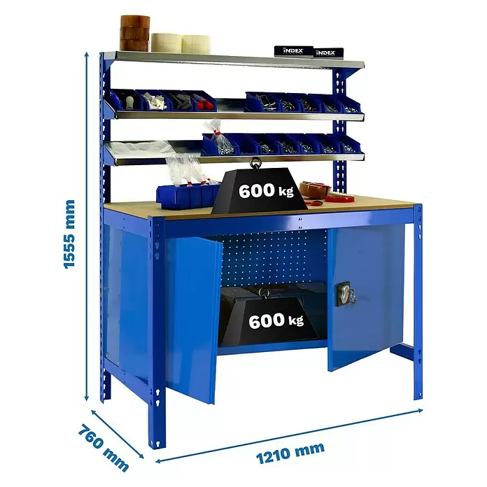 Simonrack Simonwork Werkbank BT1 Cabinet 1200 - L x B: 76 x 121 cm, Arbeitshöhe: 155,5 cm, Belastbarkeit: 75 kg, Blau - Blaue Metallwerkbank mit Holzplatte, Regalen, Lagerbehältern und Schrank. 1555x1210x760mm, 600kg Tragkraft.