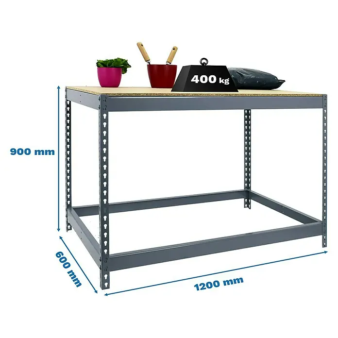 Simonrack Simonwork Werkbank Basic 1 - L x B: 60 x 120 cm, Arbeitshöhe: 90 cm, Belastbarkeit: 400 kg, Grau - Abbildung eines Werkstatttischs mit einer Höhe von 900 mm, einer Breite von 600 mm und einer Länge von 1200 mm, der mit 400 kg belastet ist.