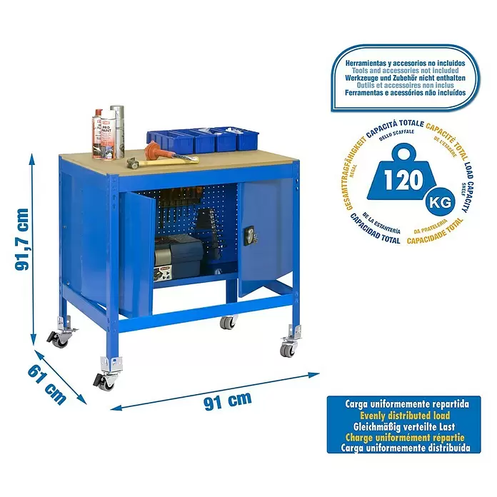 Simonrack Simonwork Werkbank MOBILE BT0 CABINET - L x B: 61 x 91 cm, Arbeitshöhe: 91,7 cm, Belastbarkeit: 120 kg, Blau - Blauer mobiler Metall-Werkbank mit Holzplatte, Schrank und Lochwand.