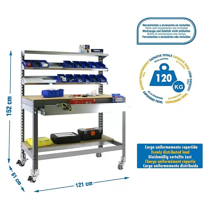 Simonrack Simonwork Werkbank MOBILE BT1 BOX - L x B: 61 x 121 cm, Arbeitshöhe: 152 cm, Belastbarkeit: 120 kg, Grau - Metall-Werkbank mit Holzplatte, Regalböden, blauen Behältern, Schublade und Rollen. 152x121x61 cm, 120 kg gleichmäßig verteilte Last.