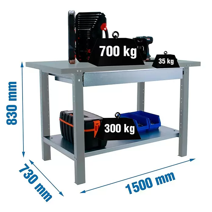 Simonrack Simonwork Werkbank BT6L PRO METAL 1BOX 1500 - L x B: 73 x 150 cm, Arbeitshöhe: 83 cm, Belastbarkeit: 1.035 kg, Grau - Graue Metall-Werkbank mit zwei Ablagen und einer Schublade, 1500x730x830 mm, trägt oben 700 kg, Schublade 35 kg, untere Ablage 300 kg.
