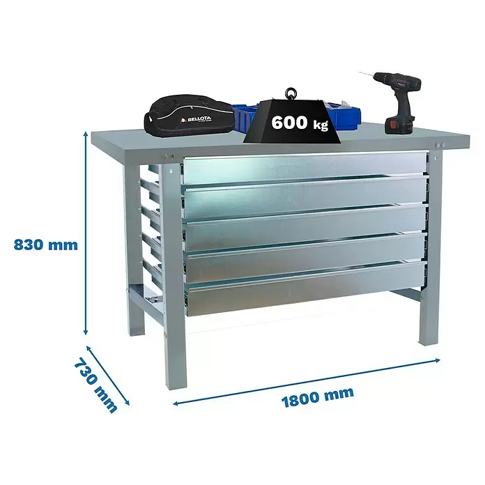 Simonrack Simonwork Werkbank BT6L METAL 5BOX 1800 - L x B: 73 x 180 cm, Arbeitshöhe: 83 cm, Belastbarkeit: 775 kg, Grau - Robuste graue Metallwerkbank mit mehreren Schubladen, 1800x730x830mm, belastbar bis 600 kg.