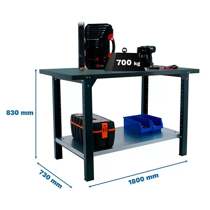 Simonrack Simonwork Werkbank BT6L PRO METAL 1800 - L x B: 73 x 180 cm, Arbeitshöhe: 83 cm, Belastbarkeit: 1.000 kg, Schwarz - Robuste dunkelgraue Metallwerkbank mit zwei Ablagen, Werkzeugen und Maßen 1800x730x830 mm. Traglast 700 kg.