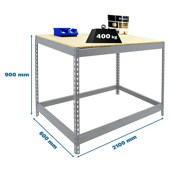 Simonrack Simonwork Werkbank Basic 1 - L x B: 60 x 210 cm, Arbeitshöhe: 90 cm, Belastbarkeit: 400 kg, Silber - Abbildung eines robusten Werkstatttisches mit den Maßen 900 mm Höhe, 600 mm Breite und 2100 mm Länge, belastbar bis zu 400 kg.