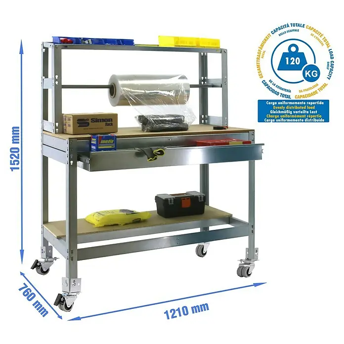 Simonrack Simonwork Werkbank MOBILE BT4 BOX - L x B: 76 x 121 cm, Arbeitshöhe: 152 cm, Belastbarkeit: 120 kg, Silber - Produktbild eines Werkstatttisches mit Regalen und Rollen, inklusive Maßangaben für Höhe, Breite und Tiefe.