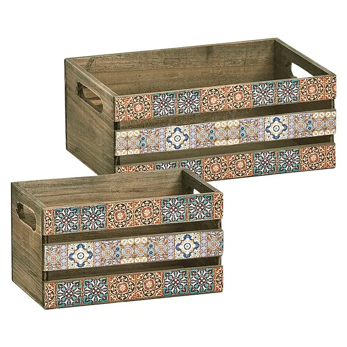 Zeller Present Aufbewahrungsbox Mosaik - L x B x H: 320 x 220 x 130 mm, Holz, Braun - Zwei dekorative Holzkisten mit farbenfrohen Fliesenmustern, ideal zur Aufbewahrung und Dekoration.