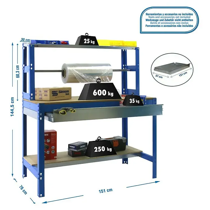 Simonrack Simonwork Werkbank BT4 Box 1500 - L x B: 76 x 151 cm, Arbeitshöhe: 144,5 cm, Belastbarkeit: 875 kg, Blau - Werkbank mit zwei Regalen, ideal für Werkstatt oder Garage. Die Werkbank bietet viel Stauraum und eine robuste Arbeitsfläche.