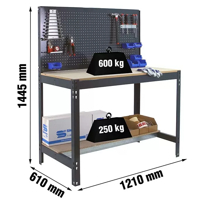 Simonrack Simonwork Werkbank BT2 1200 - Schwarz, Breite: 121 cm - Dunkelgraue Werkbank mit Lochwand, 1210x610x1445mm. Hauptfläche 600kg, unteres Regal 250kg Traglast.