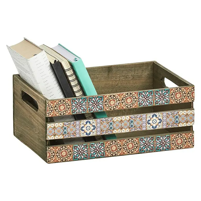 Zeller Present Aufbewahrungsbox Mosaik - L x B x H: 320 x 220 x 130 mm, Holz, Braun - Dekorativer Holzkasten mit bunten Fliesenmustern und Büchern für stilvolle Aufbewahrung.