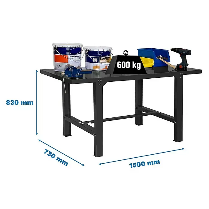 Simonrack Simonwork Werkbank BT6L METAL 1500 - L x B: 73 x 150 cm, Arbeitshöhe: 83 cm, Belastbarkeit: 600 kg, Schwarz - Schwarze Metall-Werkbank, 1500x730x830 mm, 600 kg Tragkraft, mit Farbkübeln und Werkzeugen.