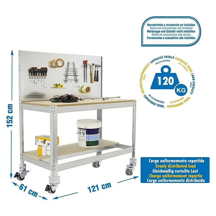 Simonrack Simonwork Werkbank MOBILE BT2 - L x B: 61 x 121 cm, Arbeitshöhe: 152 cm, Belastbarkeit: 120 kg, Silber - Produktbild einer mobilen Werkbank mit Werkzeugwand, einer Arbeitsfläche und einer unteren Ablage mit den Massen 152 x 121 x 61 cm.