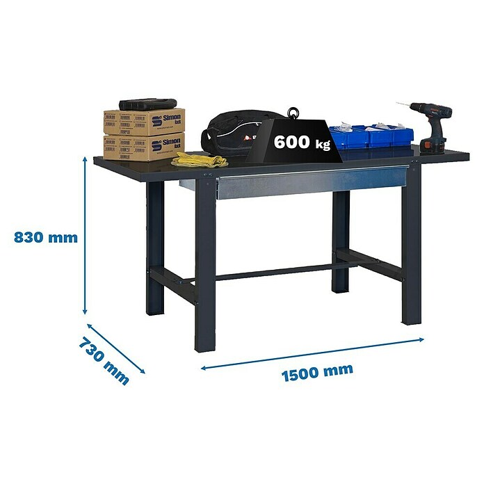 Simonrack Simonwork Werkbank BT6L METAL 1BOX (L x B: 73 x 150 cm, Arbeitshöhe: 83 cm, Belastbarkeit: 635 kg, Schwarz) | BAUHAUS