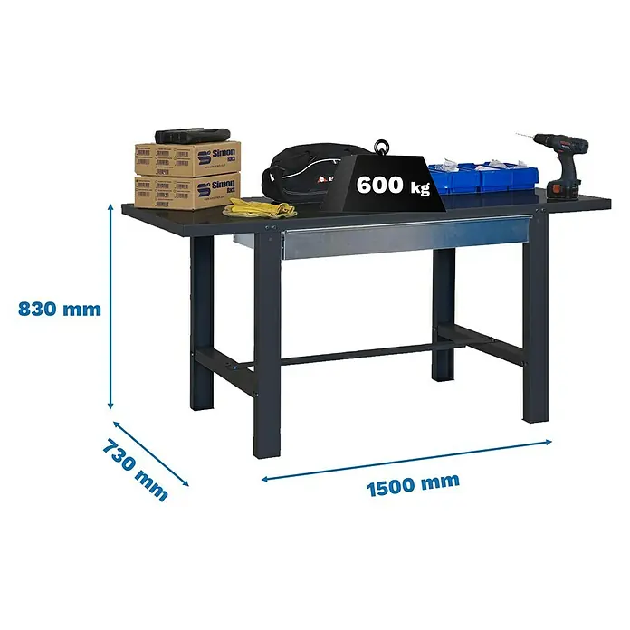 Simonrack Simonwork Werkbank BT6L METAL 1BOX - L x B: 73 x 150 cm, Arbeitshöhe: 83 cm, Belastbarkeit: 635 kg, Schwarz - Produktbild eines Werkstatttisches mit Zubehör und Größenangaben.