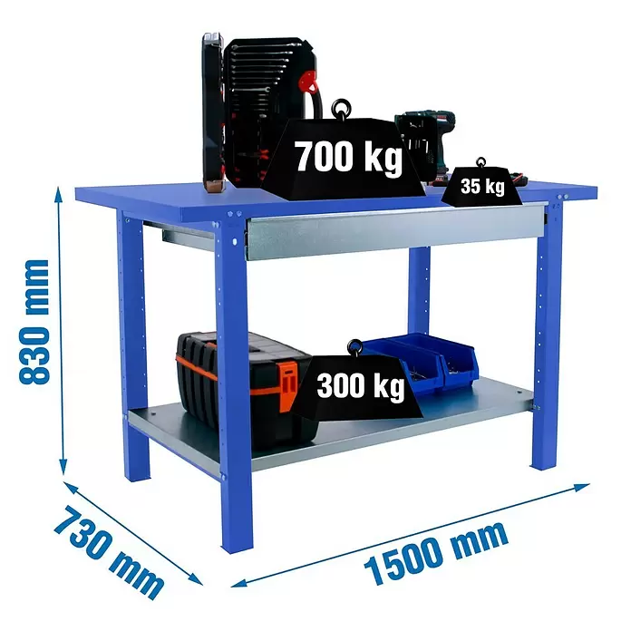 Simonrack Simonwork Werkbank BT6L PRO METAL 1BOX 1500 - L x B: 73 x 150 cm, Arbeitshöhe: 83 cm, Belastbarkeit: 1.035 kg, Blau - Blauer Industrietisch mit einer Ablage und einer Schublade, zeigt Maße und hohe Tragfähigkeiten.