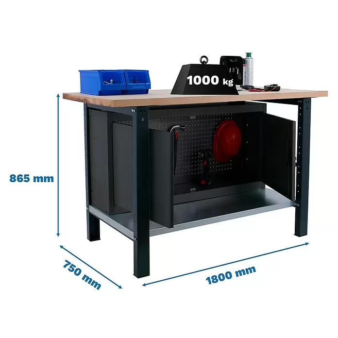 Simonrack Simonwork Werkbank BT6L PRO CABINET 1800 - L x B: 75 x 180 cm, Arbeitshöhe: 86,5 cm, Belastbarkeit: 1.000 kg, Schwarz/Holz - Robuste dunkelgraue Metallwerkbank mit Holzplatte, 1000 kg Tragkraft und integriertem Stauraum. Maße: 1800x750x865 mm.