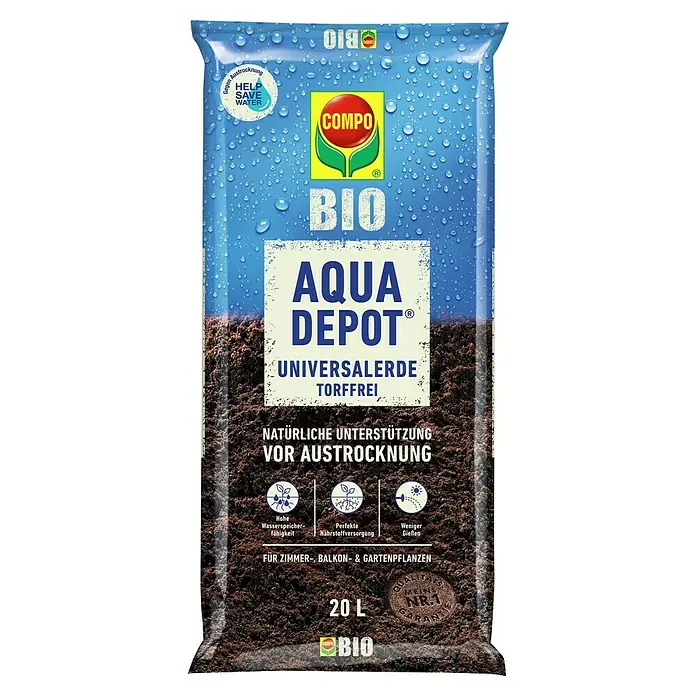 Compo Universalerde Aqua Depot - Nettovolumen: 20 l - Ein Sack COMPO BIO AQUA DEPOT Universalerde. Torffreie Erde zur natürlichen Unterstützung vor Austrocknung für Zimmer-, Balkon- und Gartenpflanzen.