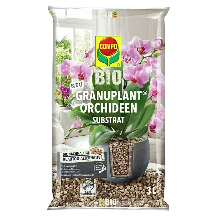 Compo Bio Pflanzgranulat Granuplant Orchideen - 3 l - Transparenter Beutel COMPO BIO Granuplant Orchideensubstrat, aus natürlichem Bimsstein und Lava, nachhaltig, 3 Liter, verhindert Trauermücken.