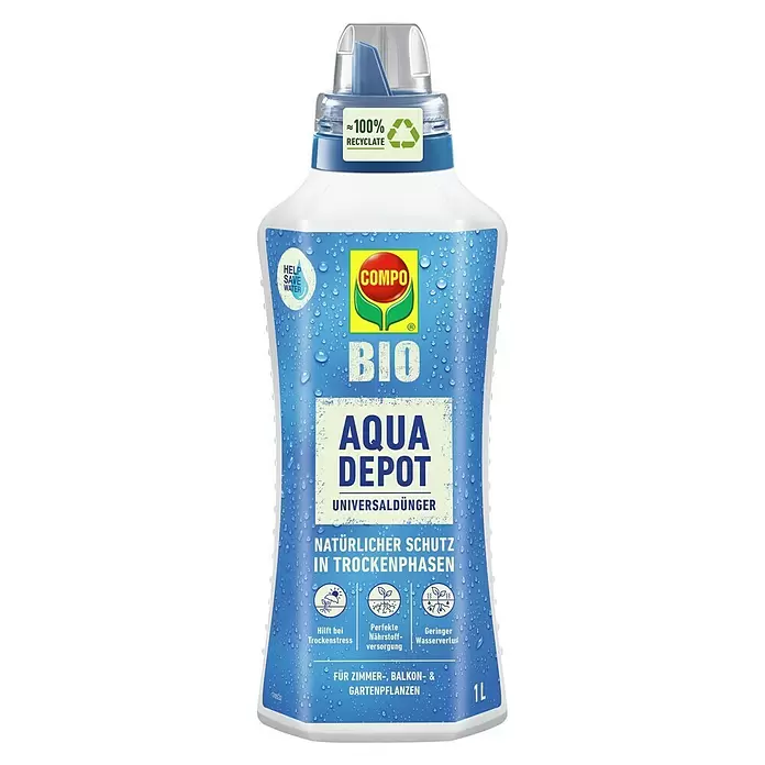 Compo Bio Universaldünger Aqua Depot - 1 ml - Weiße 1L COMPO BIO AQUA DEPOT Universaldüngerflasche mit blauem Etikett, aus ≈100% Rezyklat.