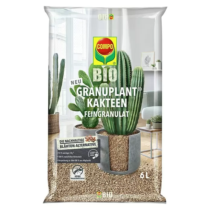 Compo Bio Pflanzgranulat Granuplant Kakteen - 6 l - COMPO Bio Granuplant Kakteen Feingranulat, 6L Beutel mit Bimsgranulat, verhindert Trauermücken, gezeigt mit Kakteen.