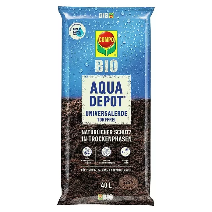 Compo Universalerde Aqua Depot - Nettovolumen: 40 l - Blaue und braune Packung Compo Bio Aqua Depot 40L torffreie Universalerde mit Wasserspeicherfunktion.