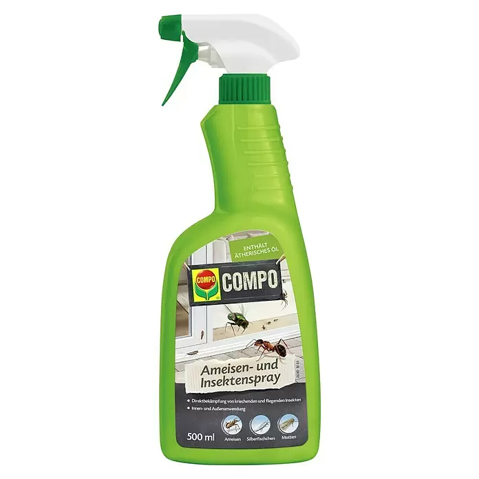 Compo Ameisenspray - 500 ml - Grüne Insektensprayflasche aus Kunststoff mit weiß-grünem Sprühkopf. Beschriftet als Ameisen- und Insektenspray, 500 ml.