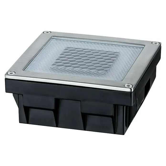 Paulmann LED-Außenwegleuchte Cube - Warmweiß, L x B x H: 10 x 10 x 4,5 cm - Das Bild zeigt eine quadratische, eingelassene Bodenleuchte mit einem silbernen Rahmen und einem schwarzen Gehäuse. Das Licht hat ein wabenförmiges Muster.