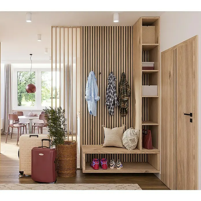 Mixpol Profile Raumteiler Saragossa - 58 x 250 cm, Natur - Die Diele verfügt über einen Garderobenständer, Ablageflächen und eine helle Einrichtung, ideal für einen einladenden Eingangsbereich.