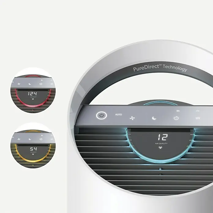 Leitz TruSens Luftreiniger Z-3000 - Raumgröße: 0 m² - 70 m², SensorPod Luftqualitätsmesser - Nahaufnahme eines Levoit Luftreinigers mit PureDirect™-Technologie, der die Luftqualität in verschiedenen Farben anzeigt.