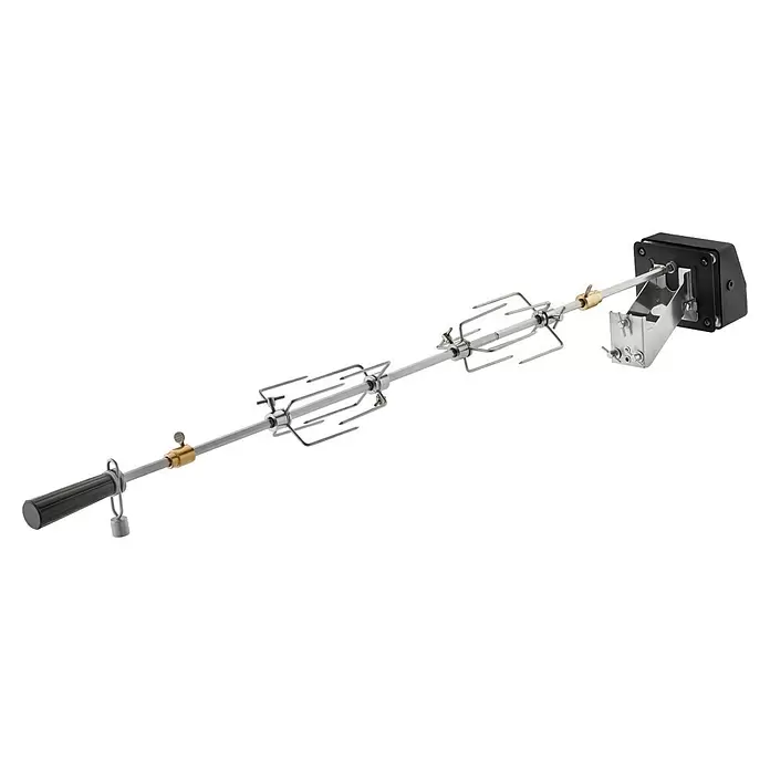 Rösle Drehspieß Premium - Länge: 67 cm, Passend für: Rösle Grills Magnum G4, Videro G4/G6 - Silberner Drehspieß-Set mit zwei Fleischgabeln, schwarzem Griff und schwarzer Motorantriebseinheit.