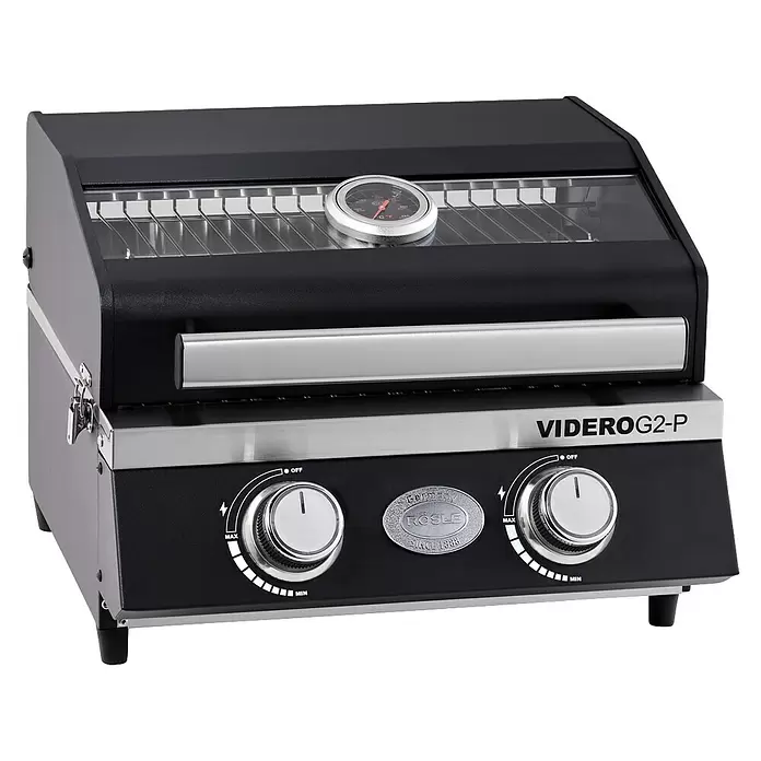 Rösle Gasgrill Videro G2-Portable - Grillfläche (B x T): 40 x 33,5 cm, 4,4 kW, Anzahl Brenner: 2 Stk. - Kompakter schwarz-silberner Gasgrill, VIDERO G2-P, mit zwei Reglern, integriertem Thermometer und sichtbaren Edelstahlrosten.