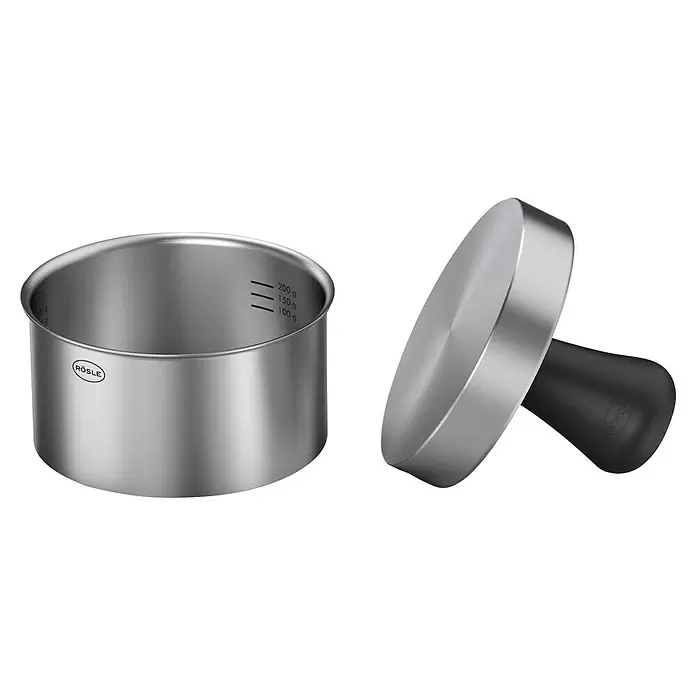 Rösle Hamburgerpresse Pro - Durchmesser: 12 cm, Edelstahl - Edelstahl-Kochring mit Messskala und passender Stampfer mit schwarzem Griff.